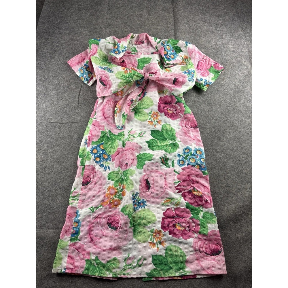 VTG Handmade Dress/Shirt Set Tie Front Seersucker Floral Tropical Sexy 80s South